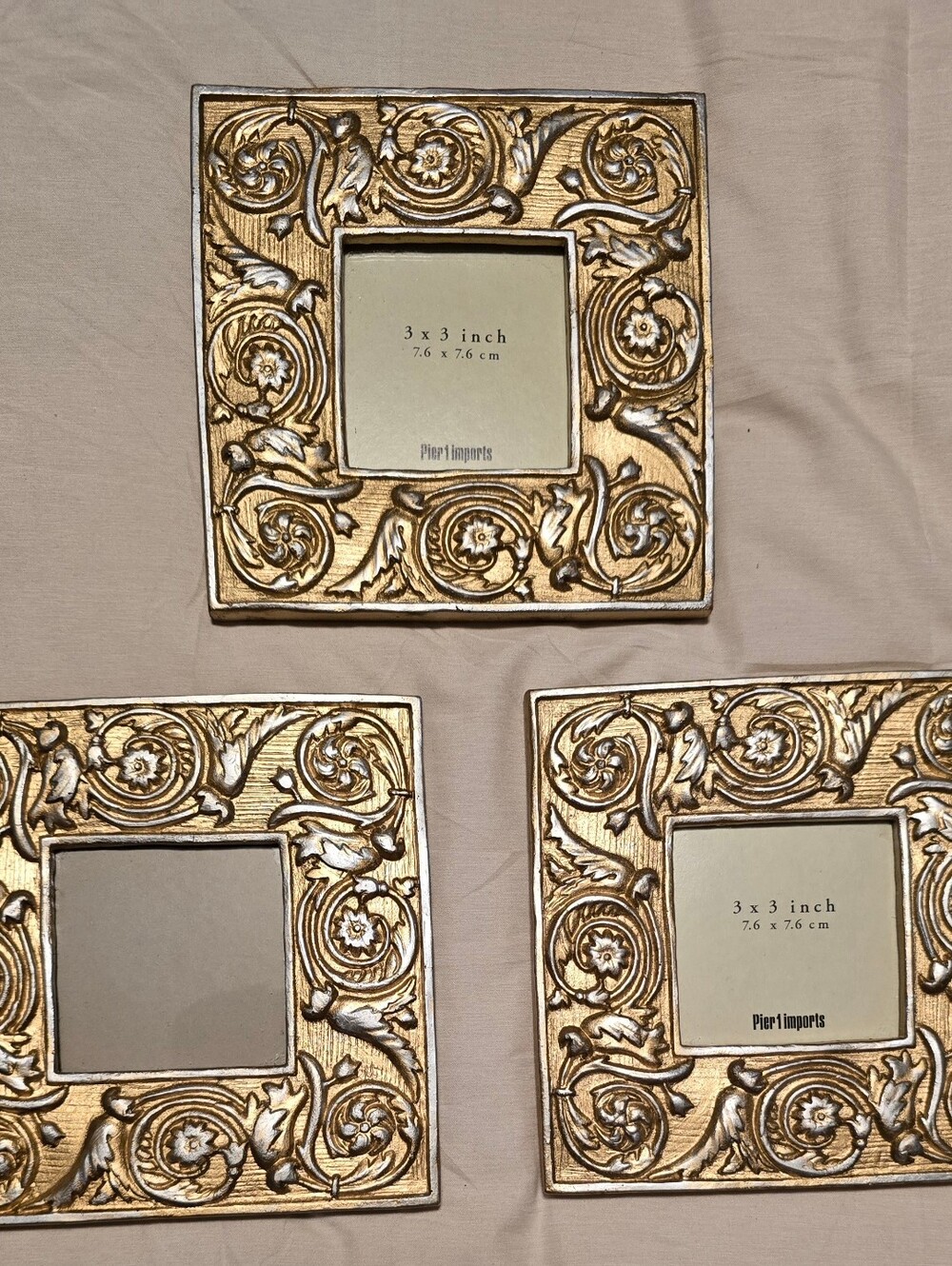 PIER 1 Ornate VNT-Style Photo Frames Set of 3 Gold/Silver 3×3 Gallery Wall GVC